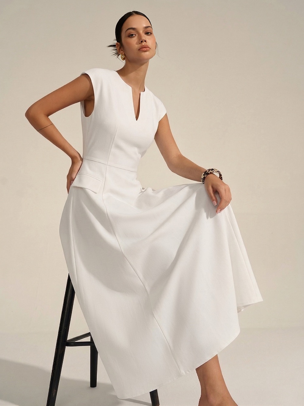 Commense V Neck Cap Sleeve Midi Dress